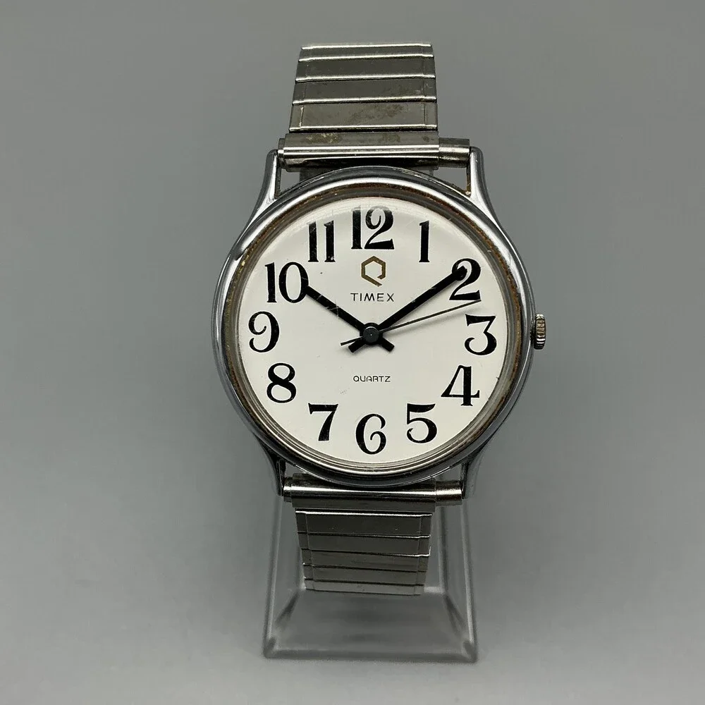 Vintage Timex Q Mens Watch 33mm White Dial Silver Stone Stretch New Battery